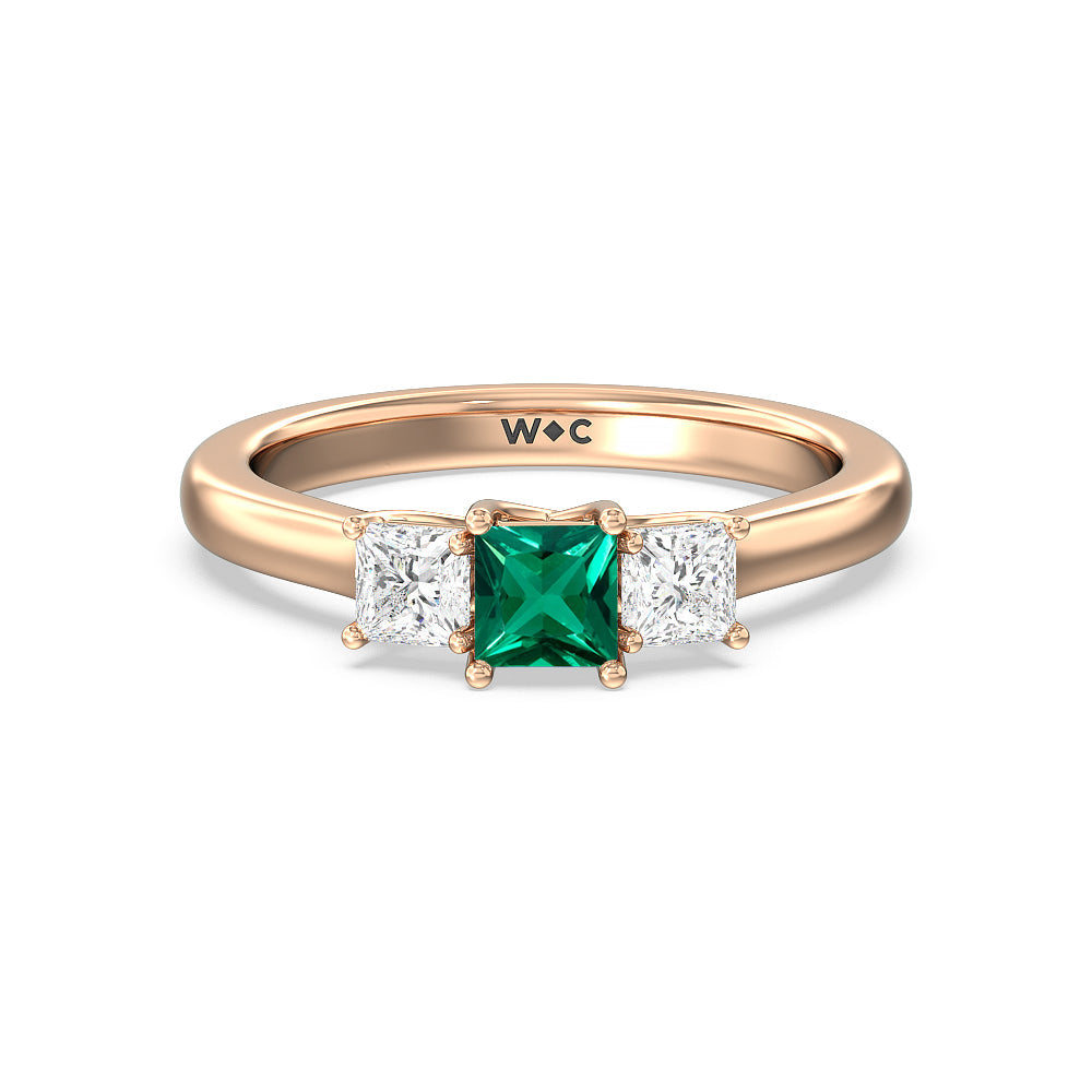 Created Emerald Center And Princess Cut Three Stone  Diamond Ring with 14KT Rose Gold Cut Diamond in 14KT Rose Gold view 1
