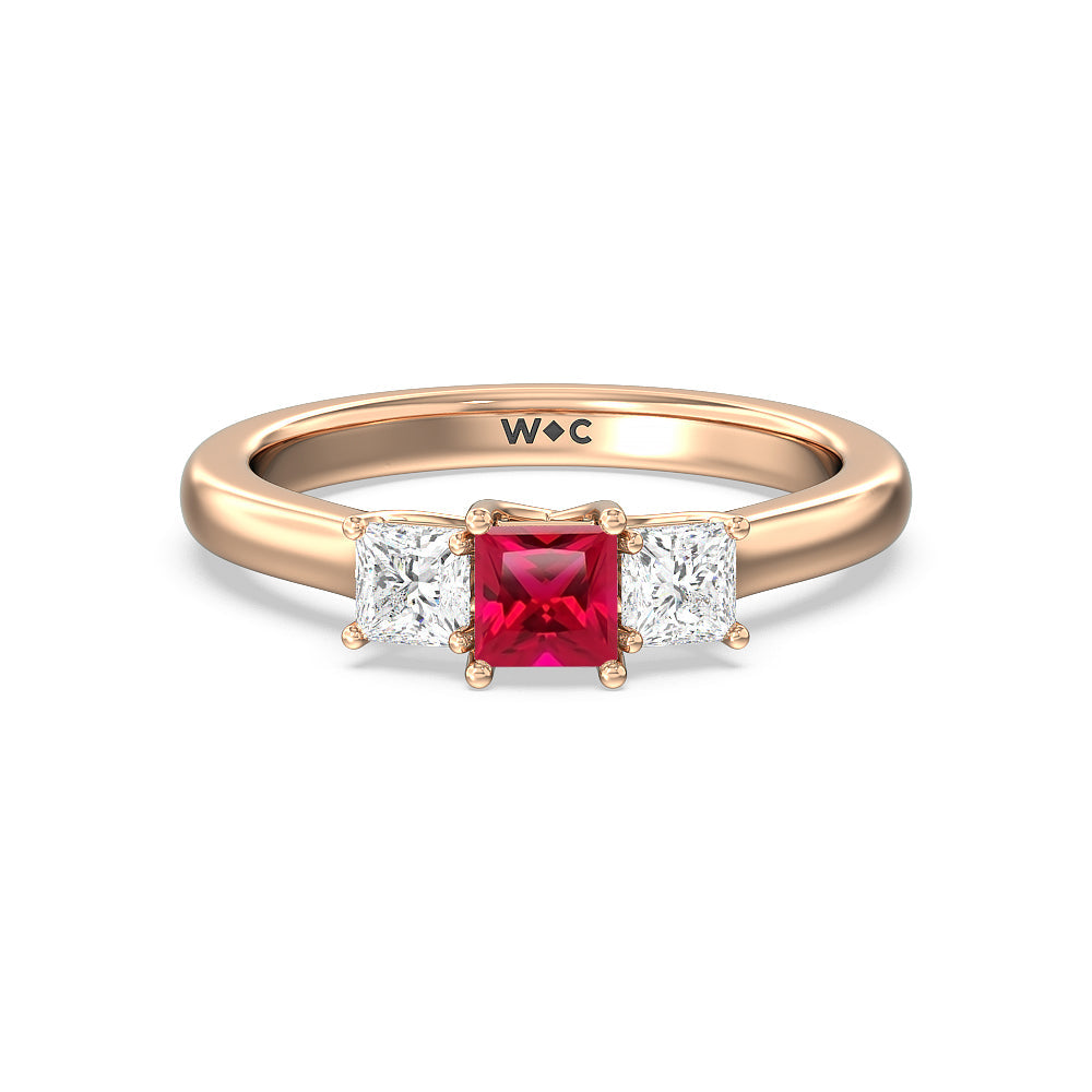 Created Ruby Center And Princess Cut Three Stone  Diamond Ring with 14KT Rose Gold Cut Diamond in 14KT Rose Gold view 1
