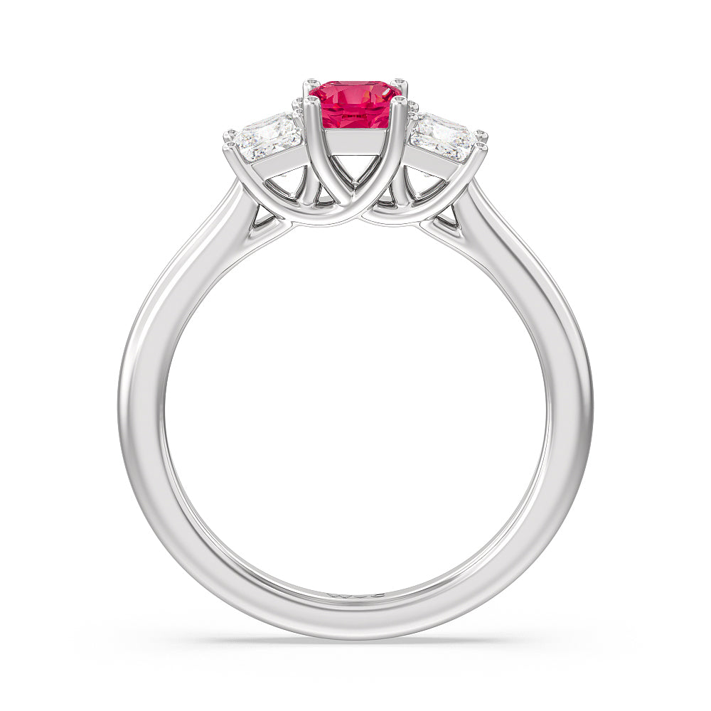 Created Ruby Center And Princess Cut Three Stone  Diamond Ring with 14KT White Gold Cut Diamond in 14KT White Gold view 3
