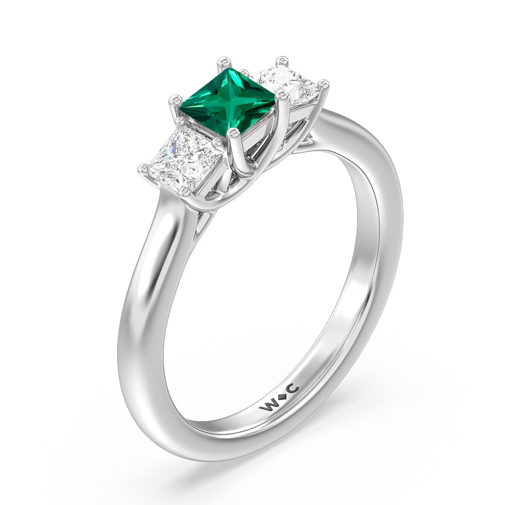 Created Emerald Center And Princess Cut Three Stone  Diamond Ring with 14KT White Gold Cut Diamond in 14KT White Gold view 2
