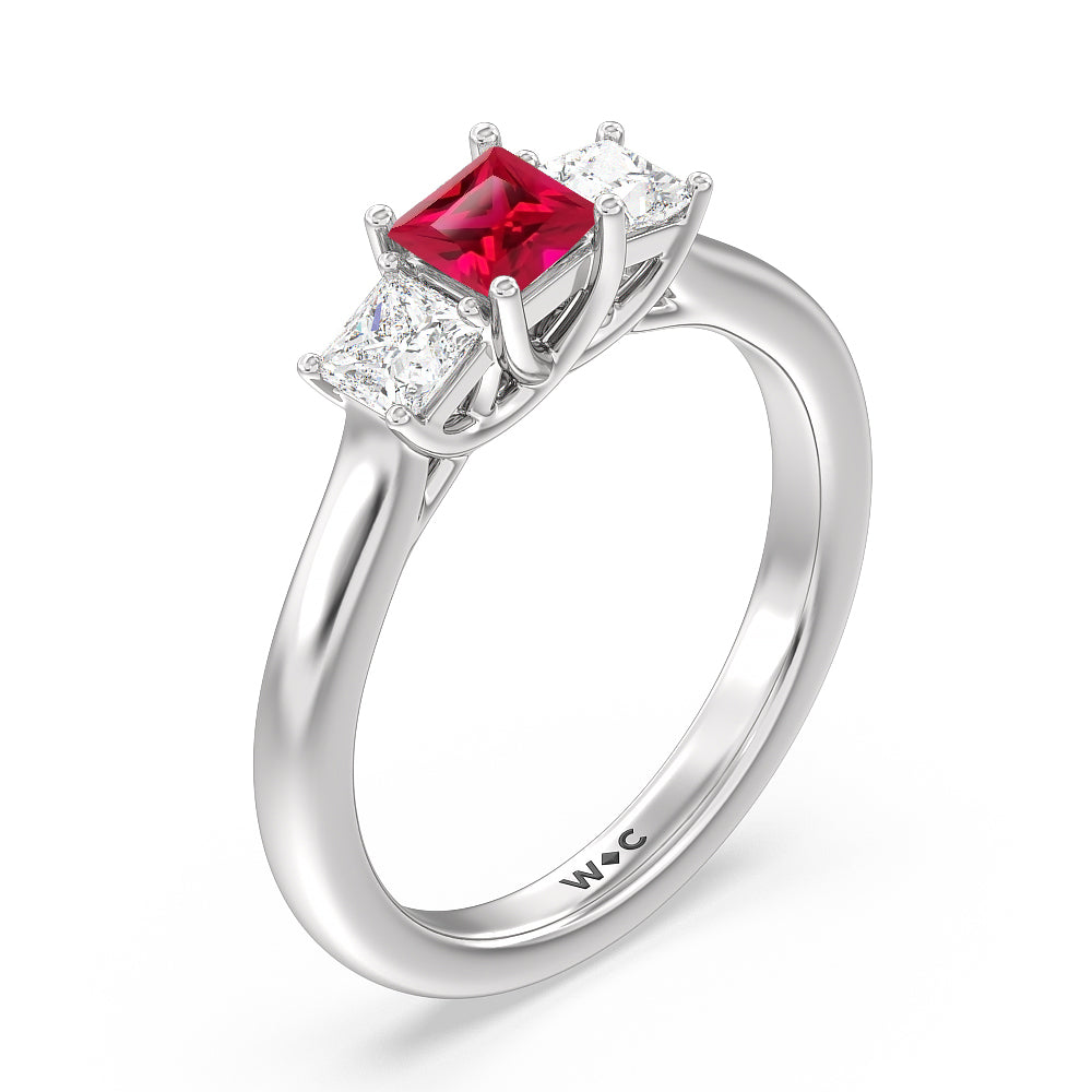 Created Ruby Center And Princess Cut Three Stone  Diamond Ring with 14KT White Gold Cut Diamond in 14KT White Gold view 2
