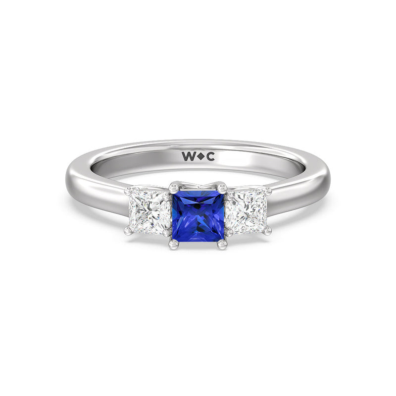 Created Sapphire Center And Princess Cut Three Stone Diamond Ring Size 10