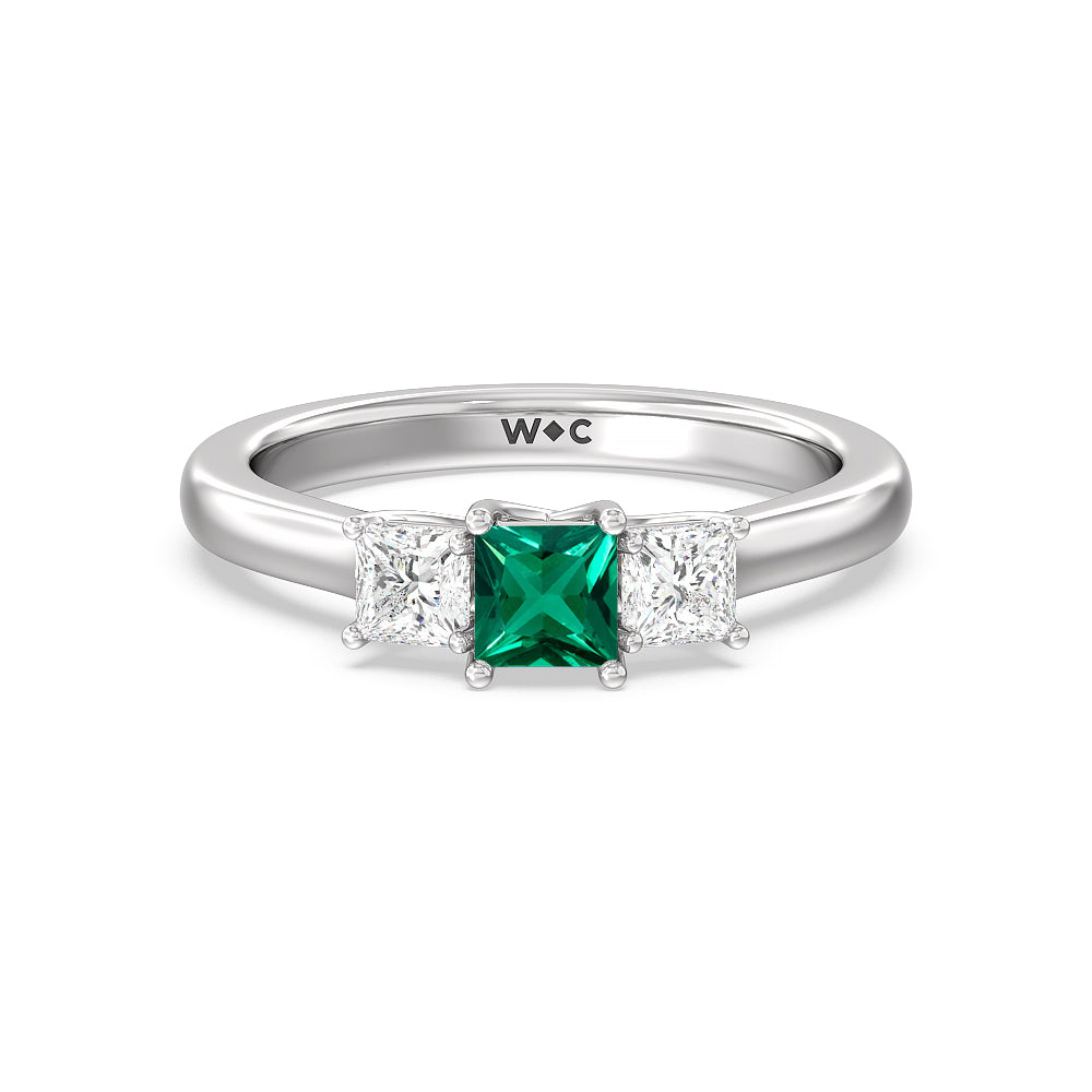 Created Emerald Center And Princess Cut Three Stone  Diamond Ring with 14KT White Gold Cut Diamond in 14KT White Gold view 1
