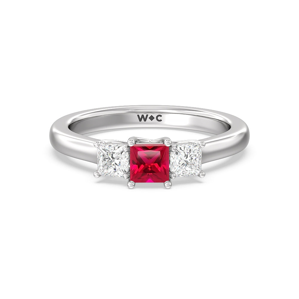 Created Ruby Center And Princess Cut Three Stone  Diamond Ring with 14KT White Gold Cut Diamond in 14KT White Gold view 1
