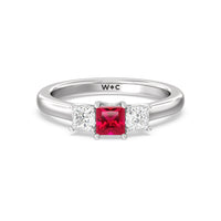 Created Ruby Center and Princess Cut Three-Stone Diamond Ring