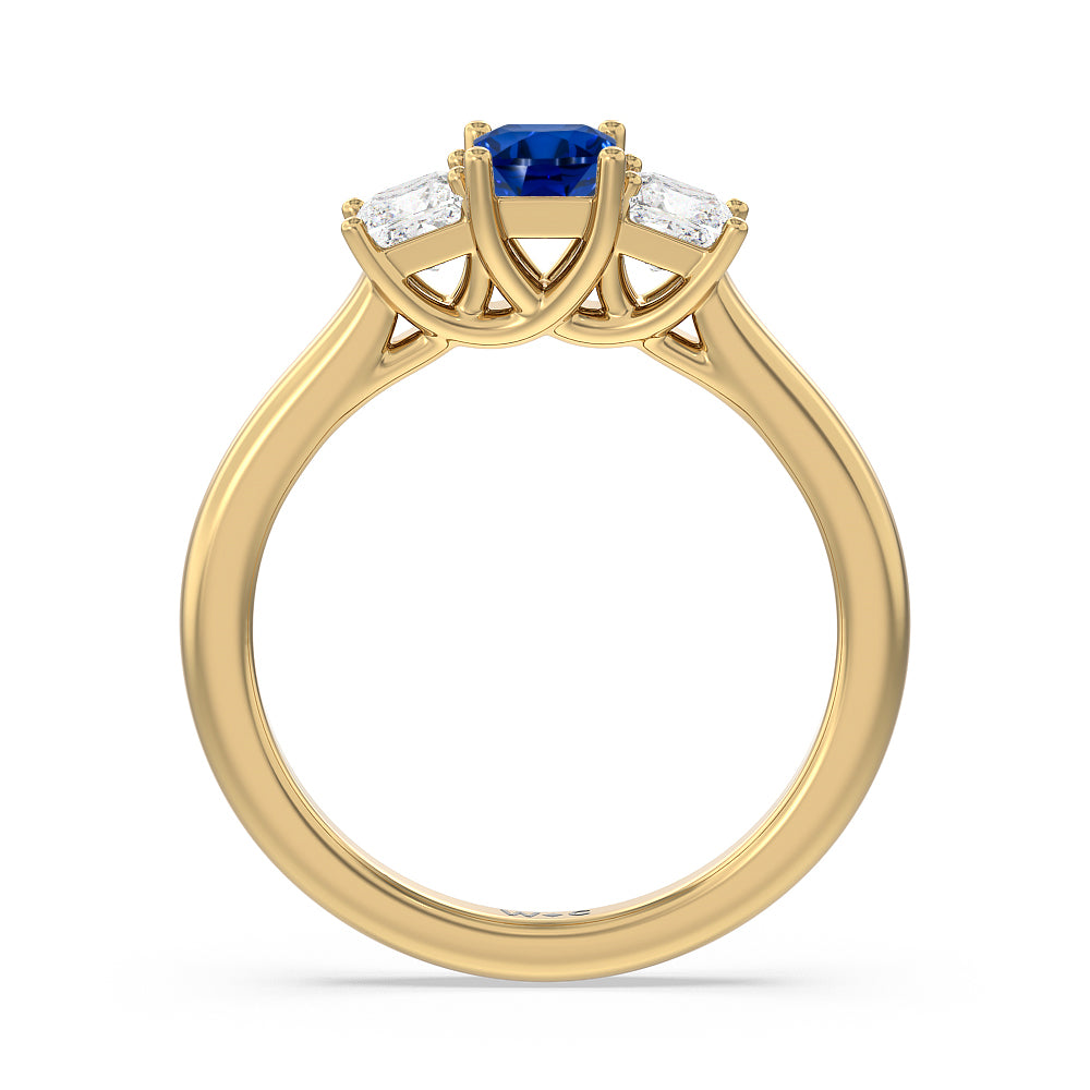 Created Sapphire Center And Princess Cut Three Stone  Diamond Ring with 14KT Yellow Gold Cut Diamond in 14KT Yellow Gold view 3

