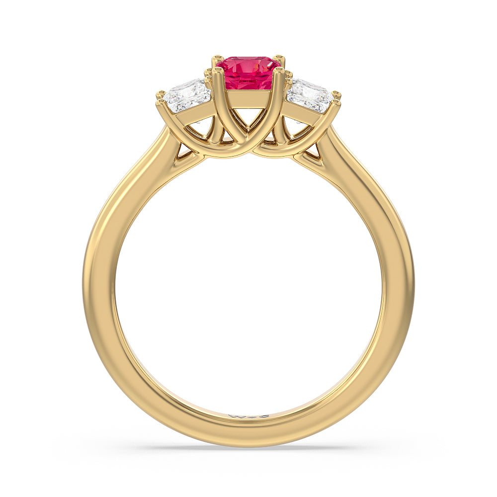 Created Ruby Center And Princess Cut Three Stone  Diamond Ring with 14KT Yellow Gold Cut Diamond in 14KT Yellow Gold view 3
