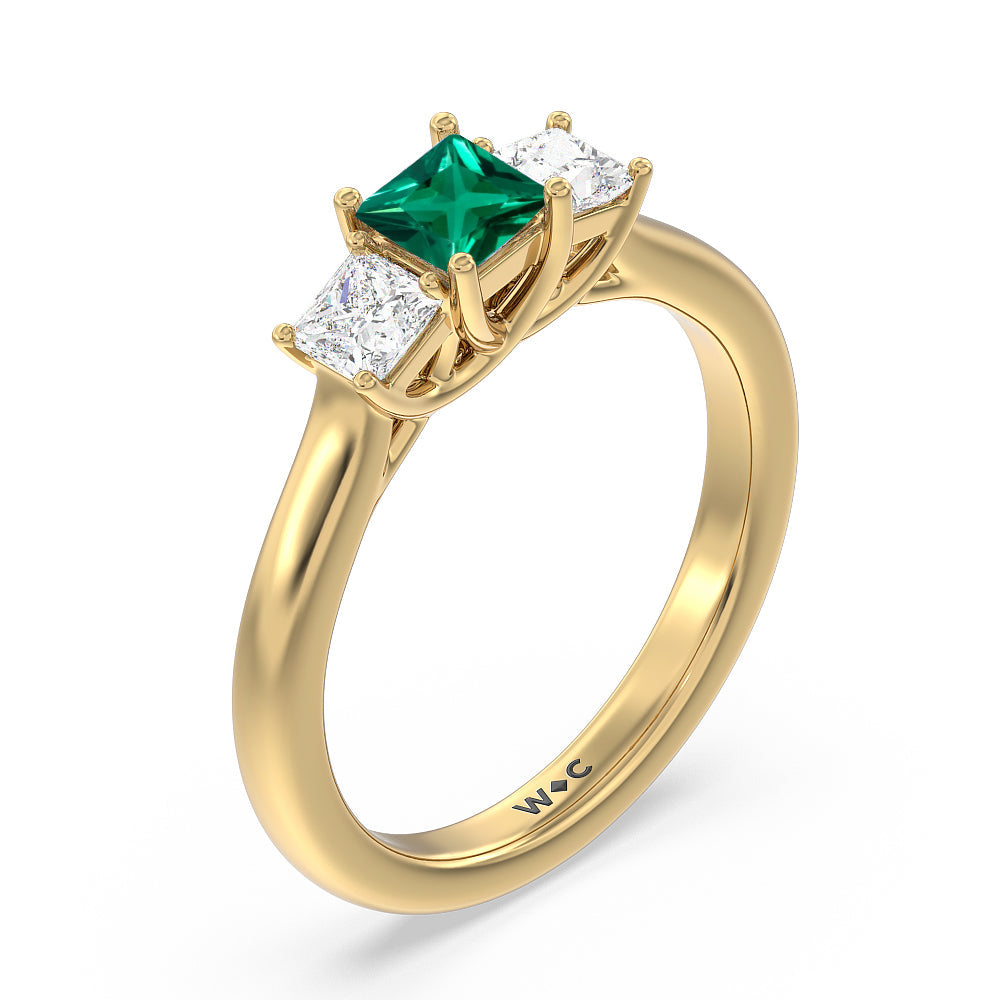 Created Emerald Center And Princess Cut Three Stone  Diamond Ring with 14KT Yellow Gold Cut Diamond in 14KT Yellow Gold view 2
