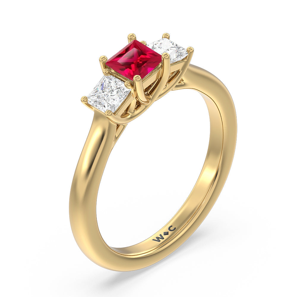 Created Ruby Center And Princess Cut Three Stone  Diamond Ring with 14KT Yellow Gold Cut Diamond in 14KT Yellow Gold view 2
