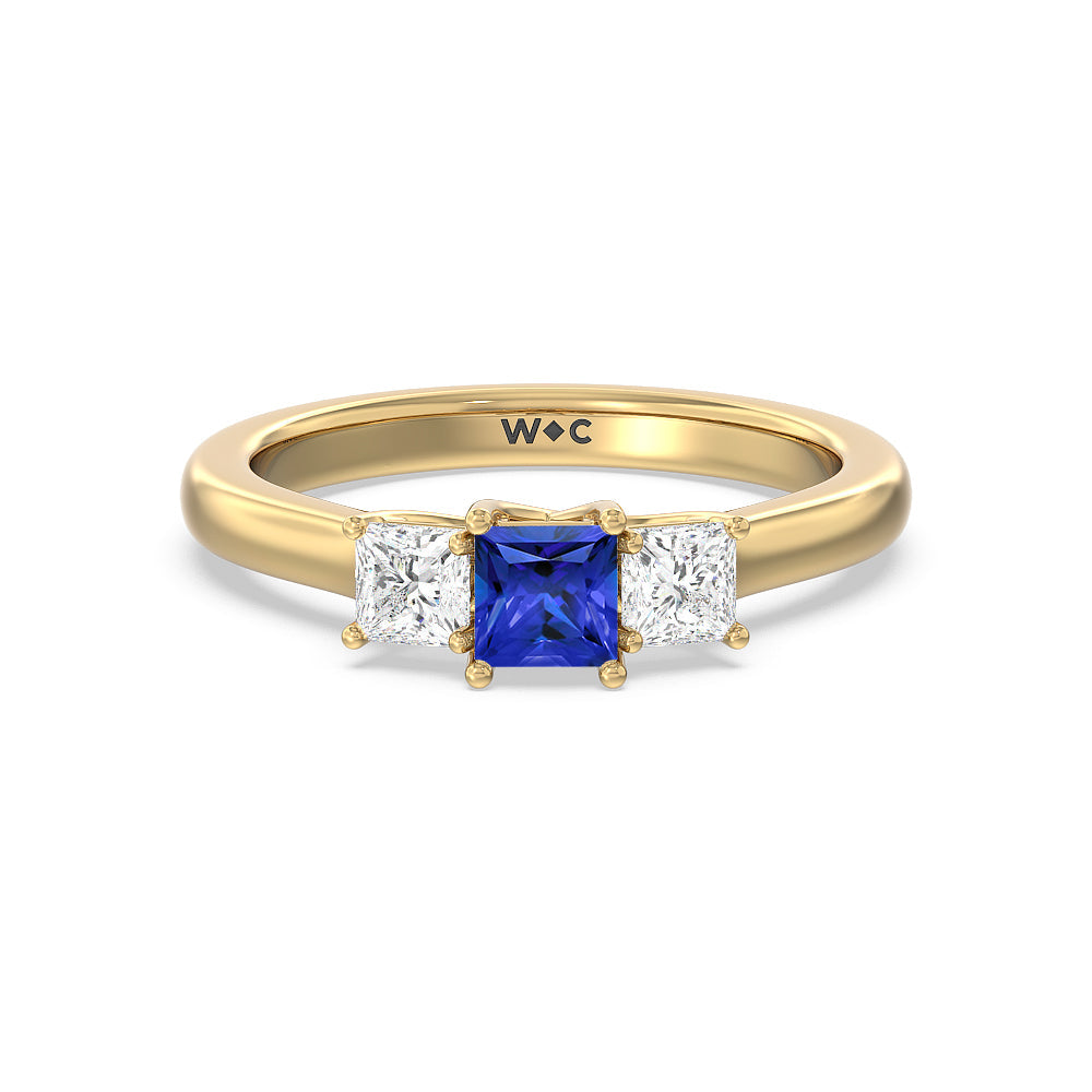 Created Sapphire Center And Princess Cut Three Stone  Diamond Ring with 14KT Yellow Gold Cut Diamond in 14KT Yellow Gold view 1
