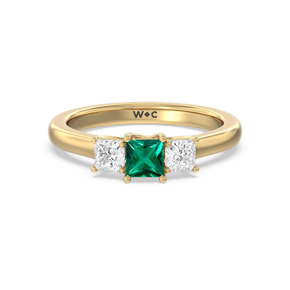 Created Emerald Center And Princess Cut Three Stone  Diamond Ring with 14KT Yellow Gold Cut Diamond in 14KT Yellow Gold view 1

