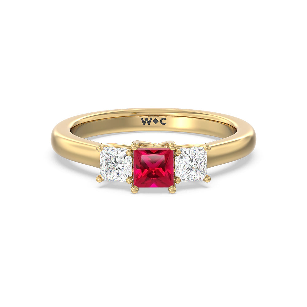 Created Ruby Center And Princess Cut Three Stone  Diamond Ring with 14KT Yellow Gold Cut Diamond in 14KT Yellow Gold view 1
