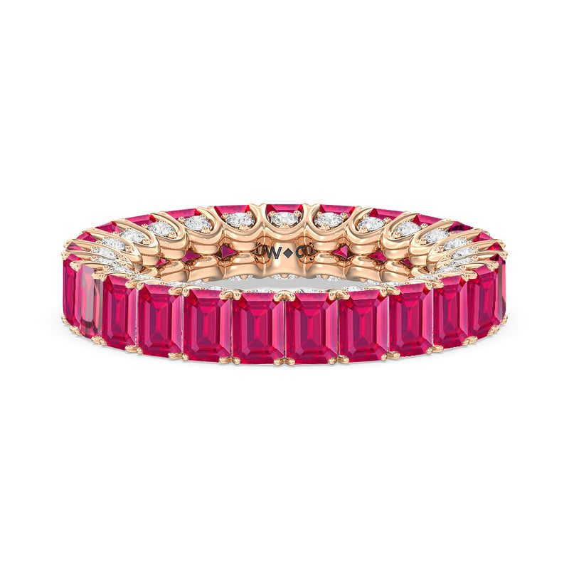 Created Ruby Emerald Split Prong Basket Eternity Ring