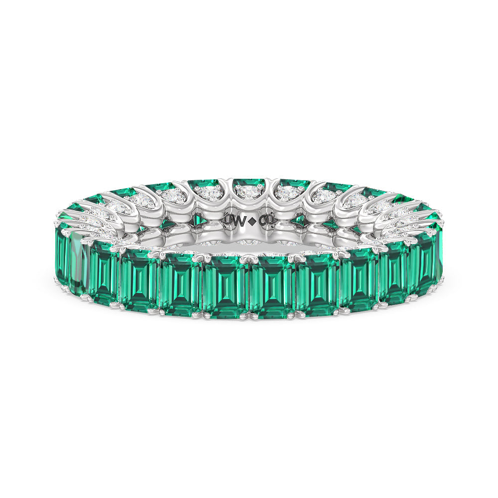 Created Emerald Split Prong Basket Eternity Ring with 14KT White Gold Cut Diamond in 14KT White Gold view 1
