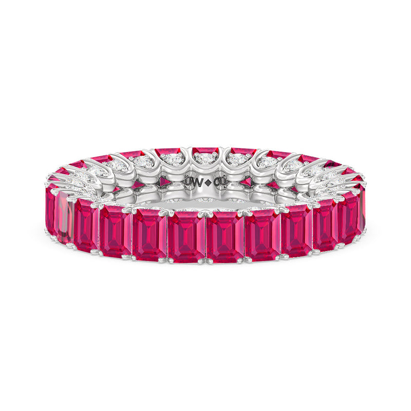 Created Ruby Emerald Split Prong Basket Eternity Ring