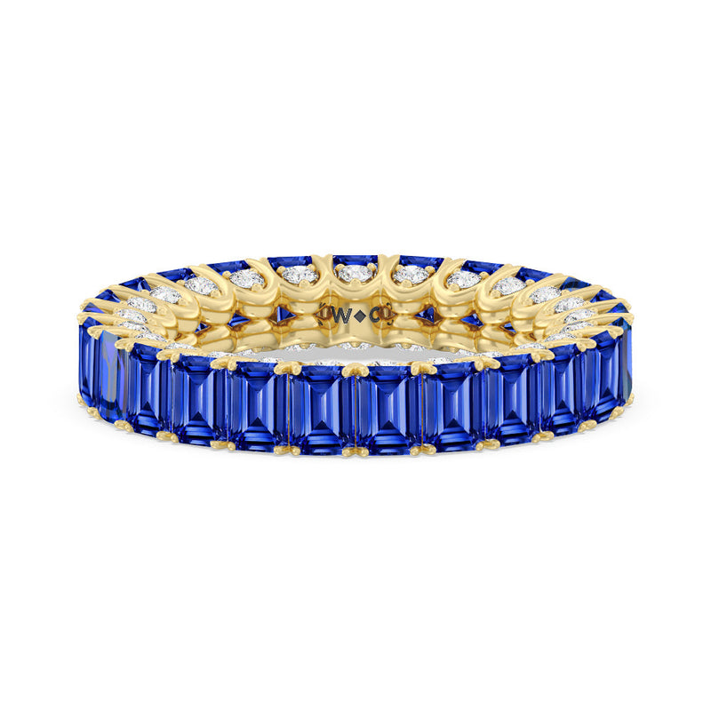 Created Sapphire Emerald Split Prong Basket Eternity Ring
