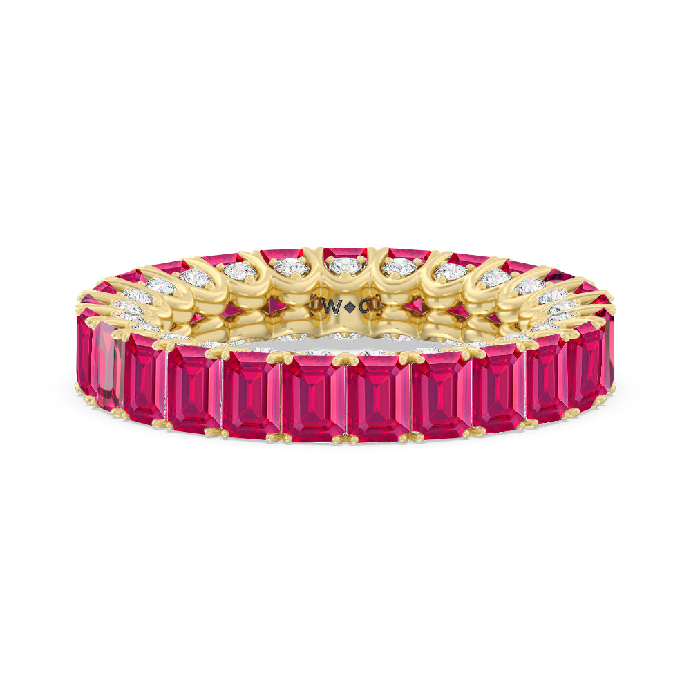 Created Ruby Emerald Split Prong Basket Eternity Ring with 14KT Yellow Gold Cut Diamond in 14KT Yellow Gold view 1
