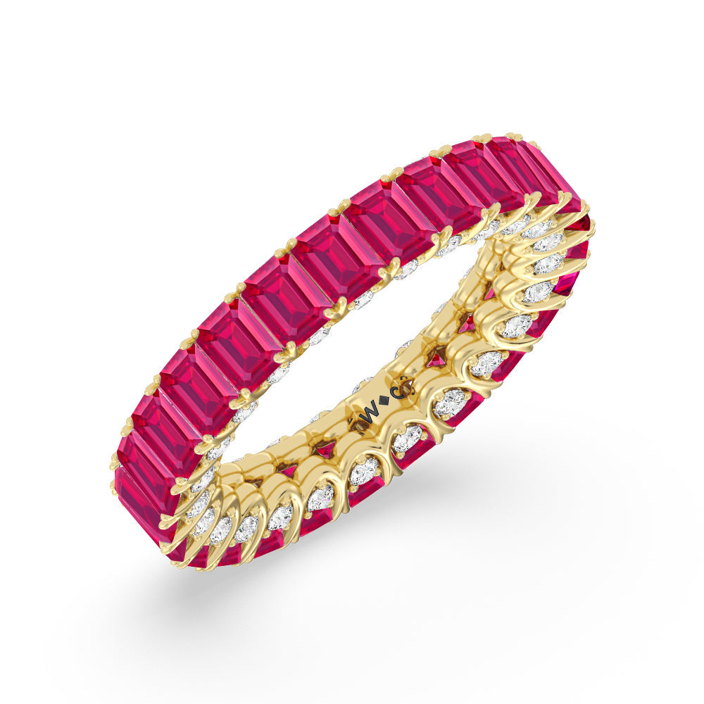 Created Ruby Emerald Split Prong Basket Eternity Ring with 14KT Yellow Gold Cut Diamond in 14KT Yellow Gold view 2
