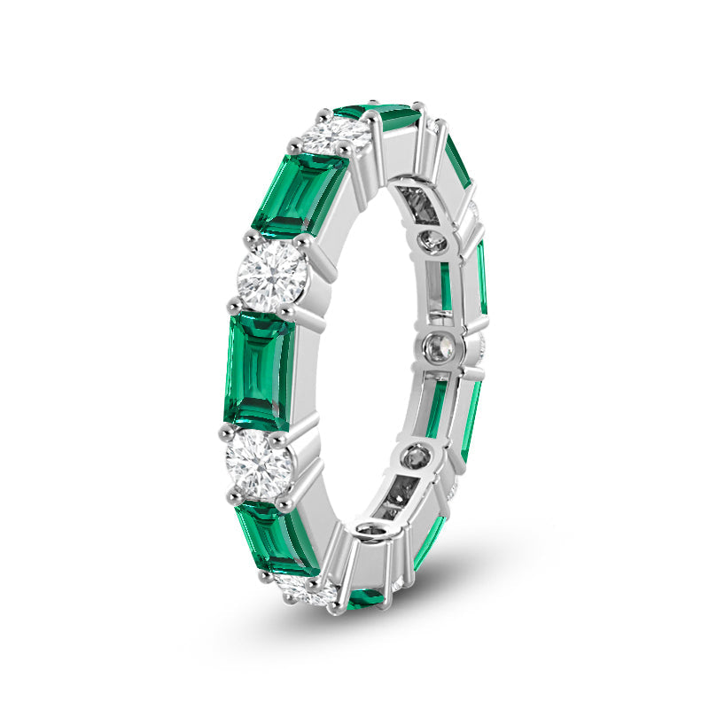 Geometric Sequence Created Emerald and Round Diamond Eternity Ring with 14KT White Gold Cut Diamond in 14KT White Gold view 2
