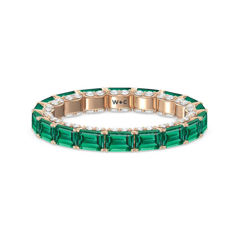 East-West Created Emerald Split Prong Studded Gallery Eternity Ring