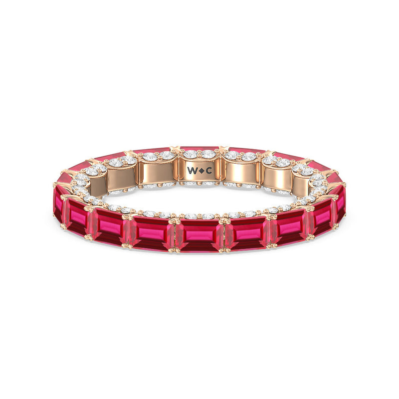 East-West Created Ruby Emerald Split Prong Studded Gallery Eternity Ring