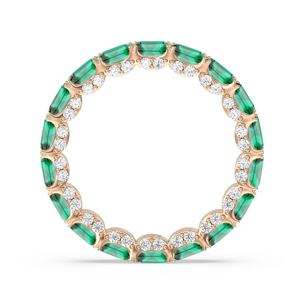 East-West Created Emerald Split Prong Studded Gallery Eternity Ring with 14KT Rose Gold Cut Diamond in 14KT Rose Gold view 3
