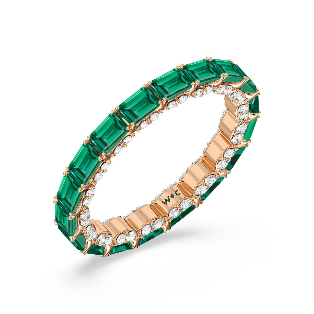 East-West Created Emerald Split Prong Studded Gallery Eternity Ring with 14KT Rose Gold Cut Diamond in 14KT Rose Gold view 2
