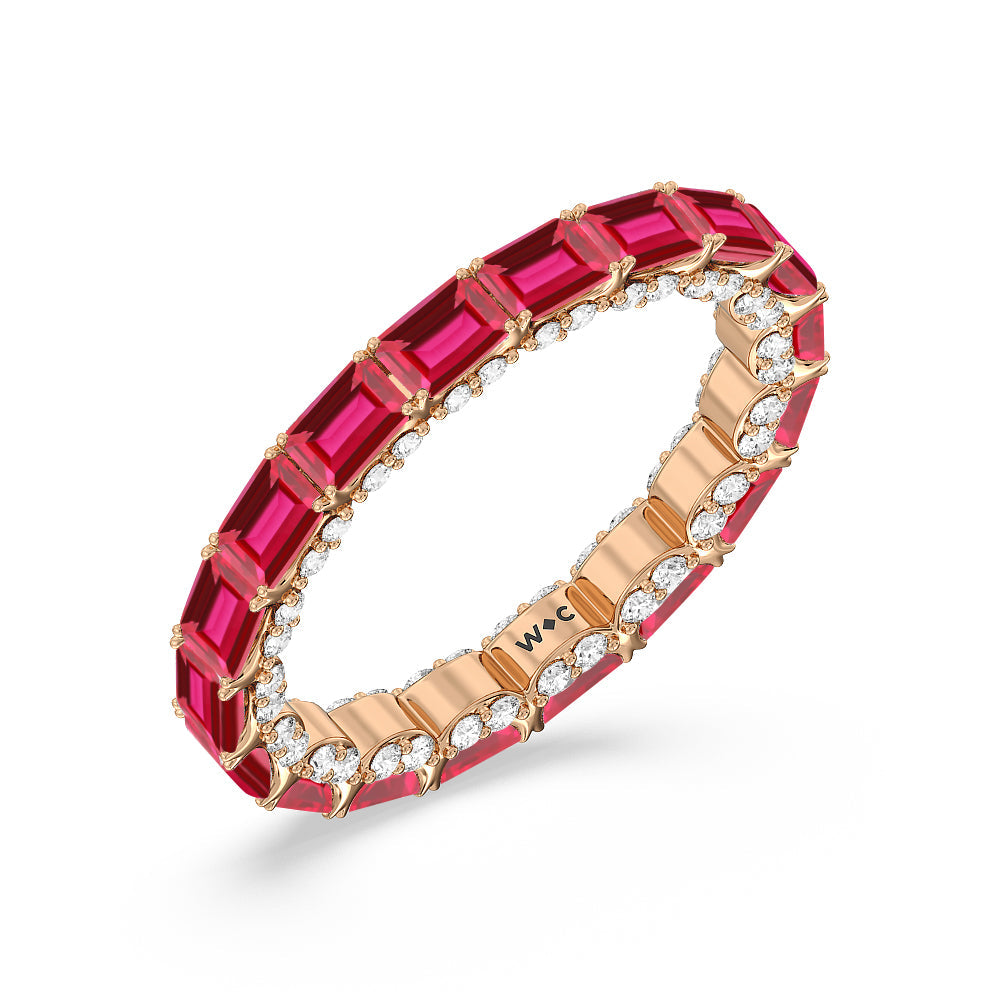 East-West Created Ruby Emerald Split Prong Studded Gallery Eternity Ring with 14KT Rose Gold Cut Diamond in 14KT Rose Gold view 2
