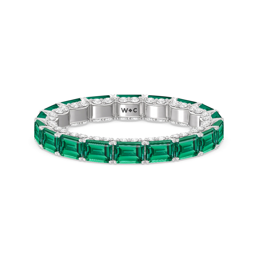 East-West Created Emerald Split Prong Studded Gallery Eternity Ring with 14KT White Gold Cut Diamond in 14KT White Gold view 1
