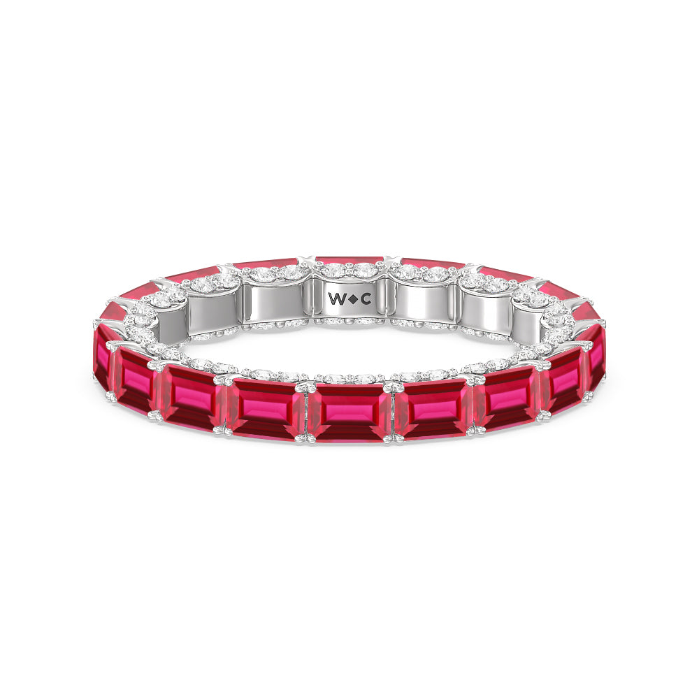 East-West Created Ruby Emerald Split Prong Studded Gallery Eternity Ring with 14KT White Gold Cut Diamond in 14KT White Gold view 1
