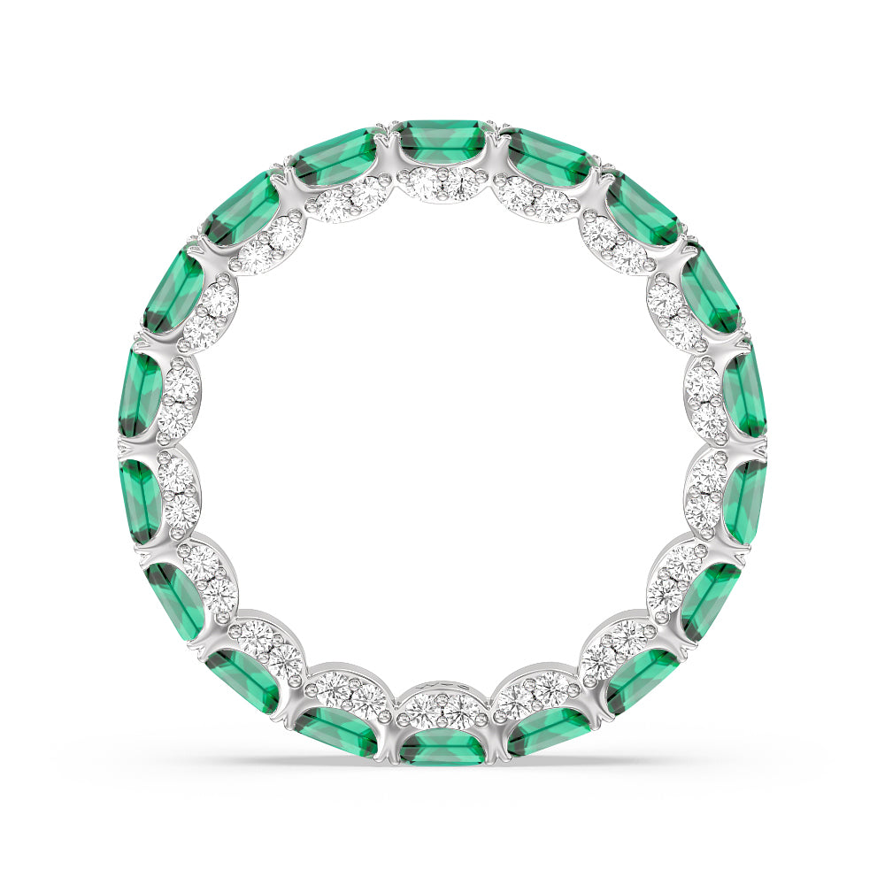 East-West Created Emerald Split Prong Studded Gallery Eternity Ring with 14KT White Gold Cut Diamond in 14KT White Gold view 3
