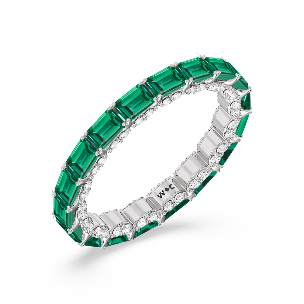 East-West Created Emerald Split Prong Studded Gallery Eternity Ring with 14KT White Gold Cut Diamond in 14KT White Gold view 2
