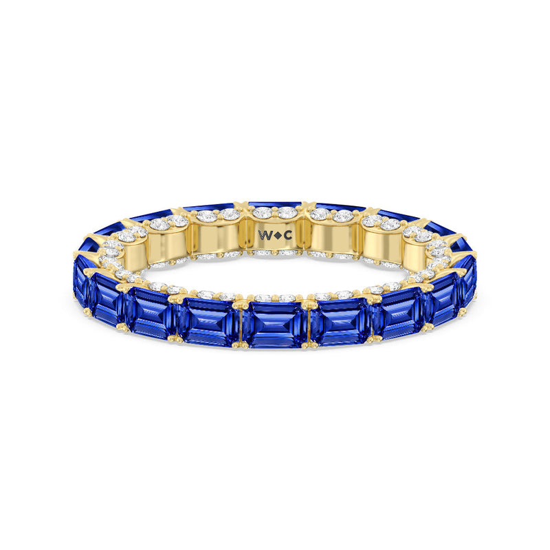 East-West Created Sapphire Emerald Split Prong Studded Gallery Eternity Ring