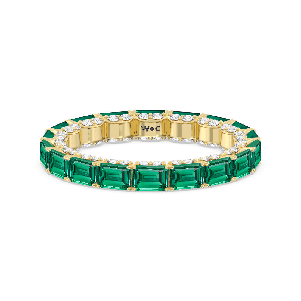 East-West Created Emerald Split Prong Studded Gallery Eternity Ring Size 6.5 with 14KT Yellow Gold Cut Diamond in 14KT Yellow Gold view 1
