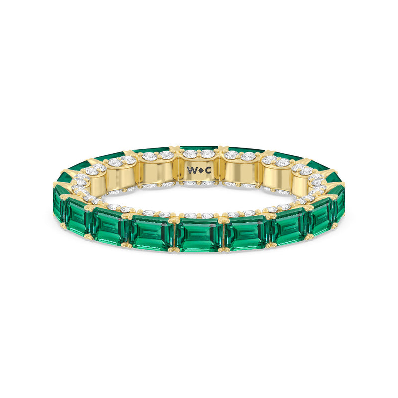 East-West Created Emerald Split Prong Studded Gallery Eternity Ring