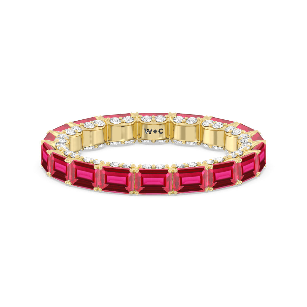 East-West Created Ruby Emerald Split Prong Studded Gallery Eternity Ring with 14KT Yellow Gold Cut Diamond in 14KT Yellow Gold view 1
