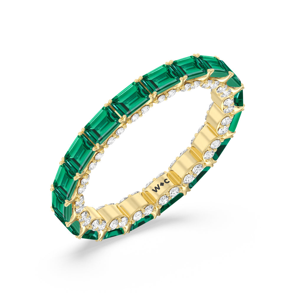 East-West Created Emerald Split Prong Studded Gallery Eternity Ring Size 6.5 with 14KT Yellow Gold Cut Diamond in 14KT Yellow Gold view 2
