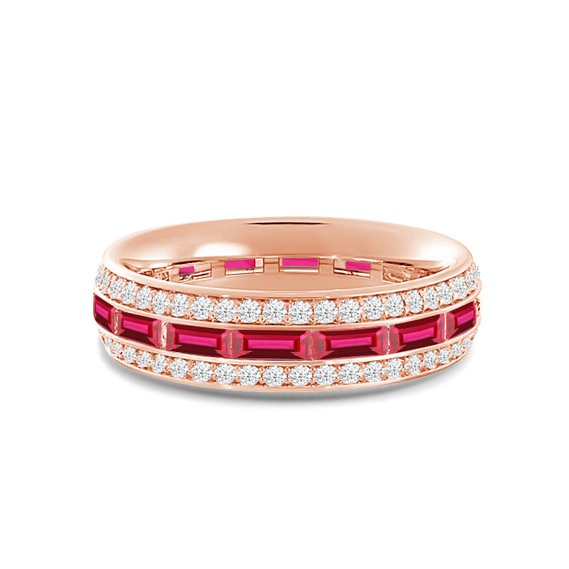 Three Row Diamond and Created Ruby Baguette Channel Eternity Ring with 14KT Rose Gold Cut Diamond in 14KT Rose Gold view 1
