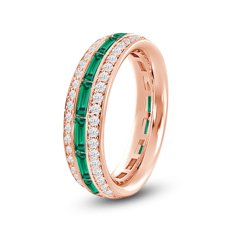 Three Row Diamond and Created Emerald Baguette Channel Eternity Ring with 14KT Rose Gold Cut Diamond in 14KT Rose Gold view 2
