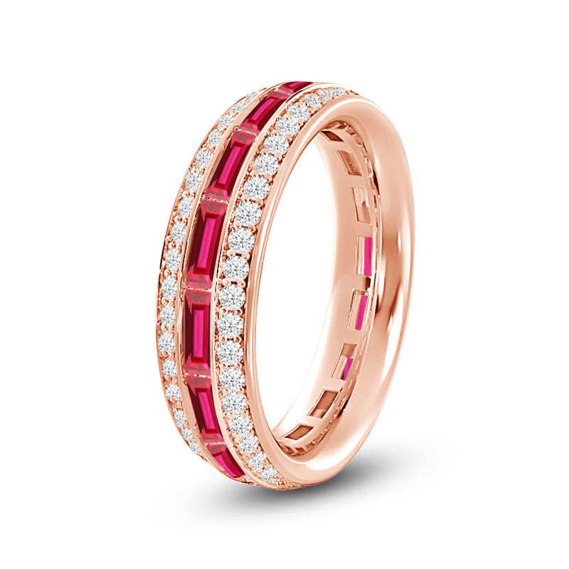 Three Row Diamond and Created Ruby Baguette Channel Eternity Ring with 14KT Rose Gold Cut Diamond in 14KT Rose Gold view 2
