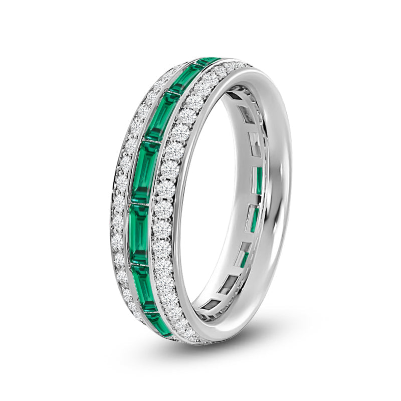 Three Row Diamond and Created Emerald Baguette Channel Eternity Ring with 14KT White Gold Cut Diamond in 14KT White Gold view 2
