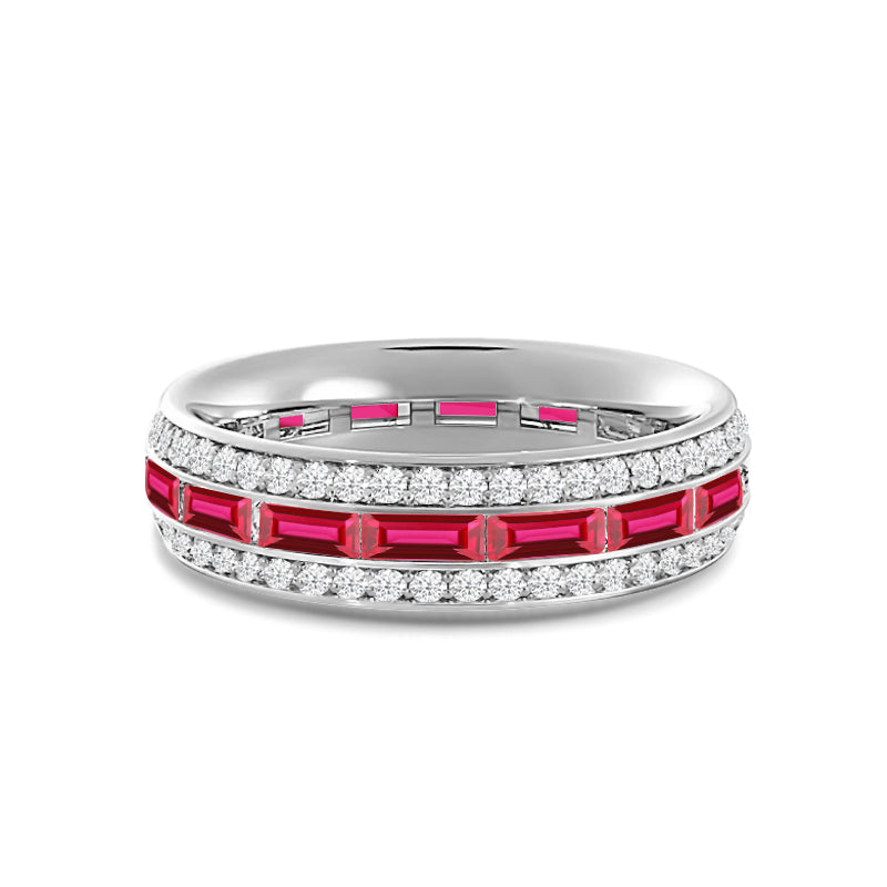 Three Row Diamond and Created Ruby Baguette Channel Eternity Ring with 14KT White Gold Cut Diamond in 14KT White Gold view 1
