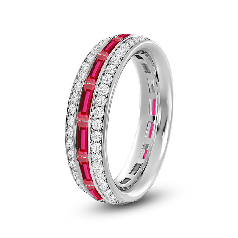 Three Row Diamond and Created Ruby Baguette Channel Eternity Ring with 14KT White Gold Cut Diamond in 14KT White Gold view 2
