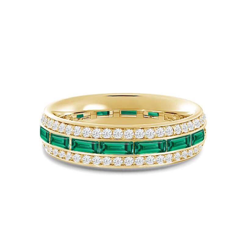 Three Row Diamond and Created Emerald Baguette Channel Eternity Ring with 14KT Yellow Gold Cut Diamond in 14KT Yellow Gold view 1

