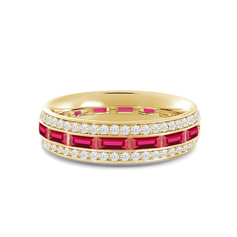 Three Row Diamond and Created Ruby Baguette Channel Eternity Ring with 14KT Yellow Gold Cut Diamond in 14KT Yellow Gold view 1
