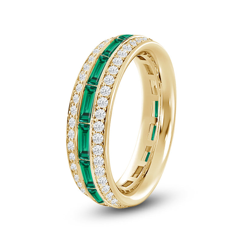 Three Row Diamond and Created Emerald Baguette Channel Eternity Ring with 14KT Yellow Gold Cut Diamond in 14KT Yellow Gold view 2
