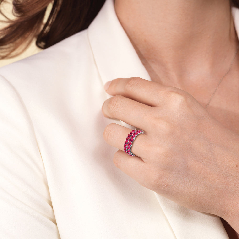 Model Wearing The Seagram Created Ruby Marquise Eternity Ring view