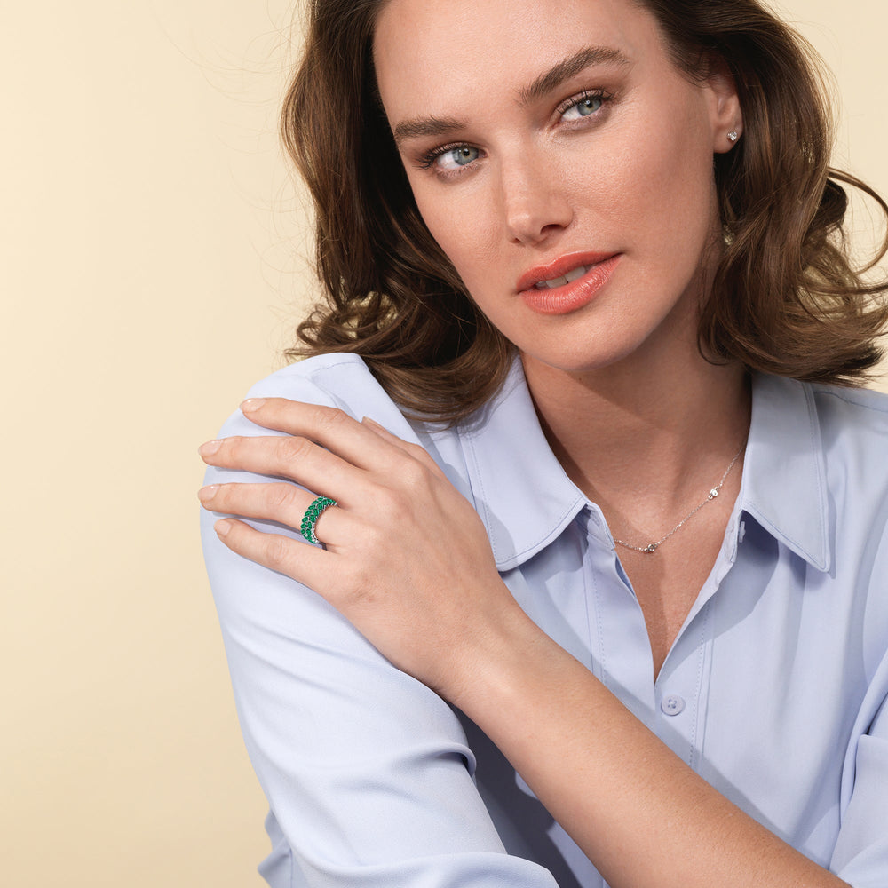 Model Wearing The Seagram Created Emerald Marquise Eternity Ring view