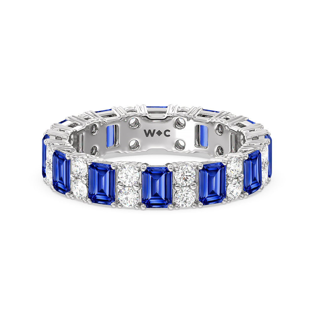 Created Sapphire Emeralds & Rounds Station Eternity Ring with 14KT White Gold Cut Diamond in 14KT White Gold view 1
