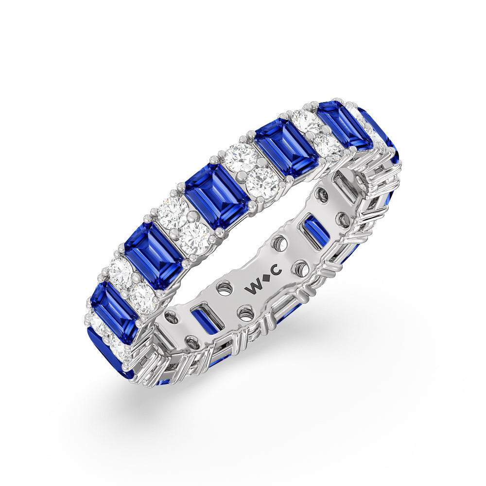 Created Sapphire Emeralds & Rounds Station Eternity Ring with 14KT White Gold Cut Diamond in 14KT White Gold view 2
